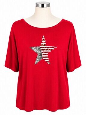 IN Focus NWT Women's Red Short Sleeve Sequin American Star Graphic Tee Sz XXL